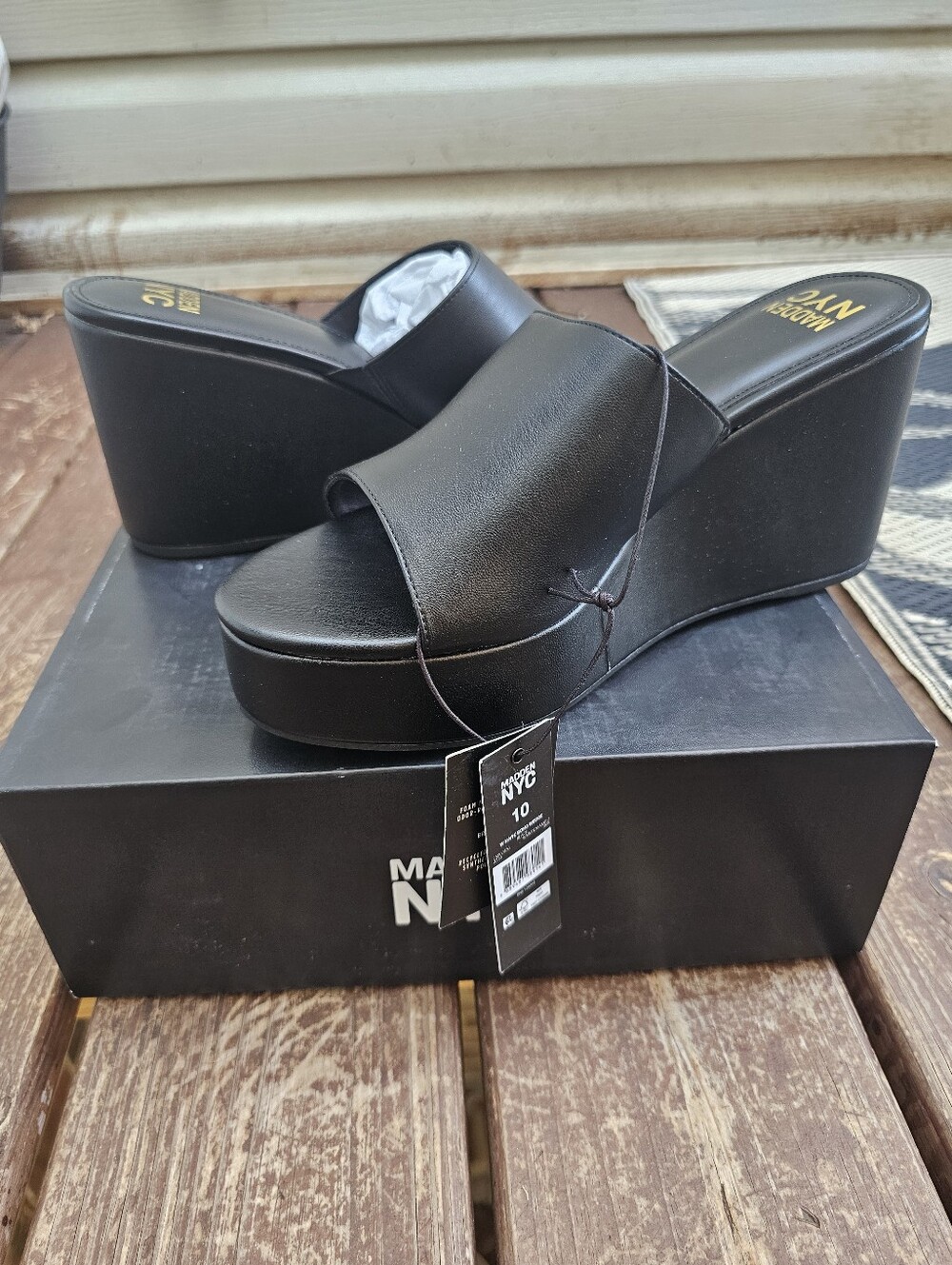 Madden NYC Boho Platform Wedge Slide Sandals Black Faux Leather Y2K 2000s Style